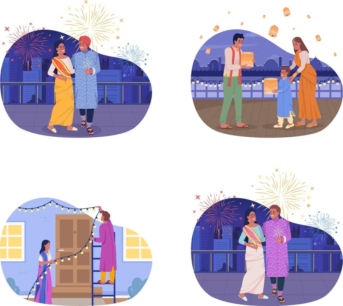 Diwali Indian holiday 2D vector isolated illustrations set. Ancient fest celebrating flat characters on cartoon background. Traditions colourful editable scenes for mobile, website, presentation pack