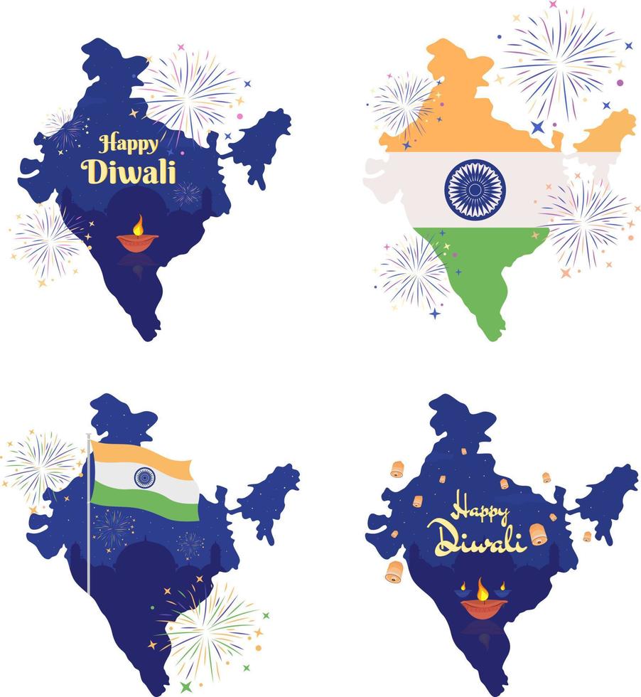 Indian national holidays 2D vector isolated illustrations set. Diwali, independence day flat India map silhouette on cartoon background. Colourful editable scene pack for mobile, website, presentation