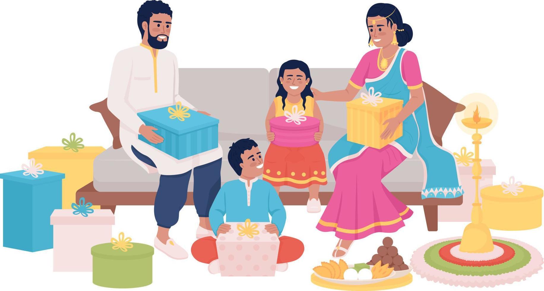 familia intercambiando regalos en personajes vectoriales de color semiplano de diwali. figuras editables. personas de cuerpo completo en blanco. celebración simple ilustración de estilo de dibujos animados para diseño gráfico web y animación vector