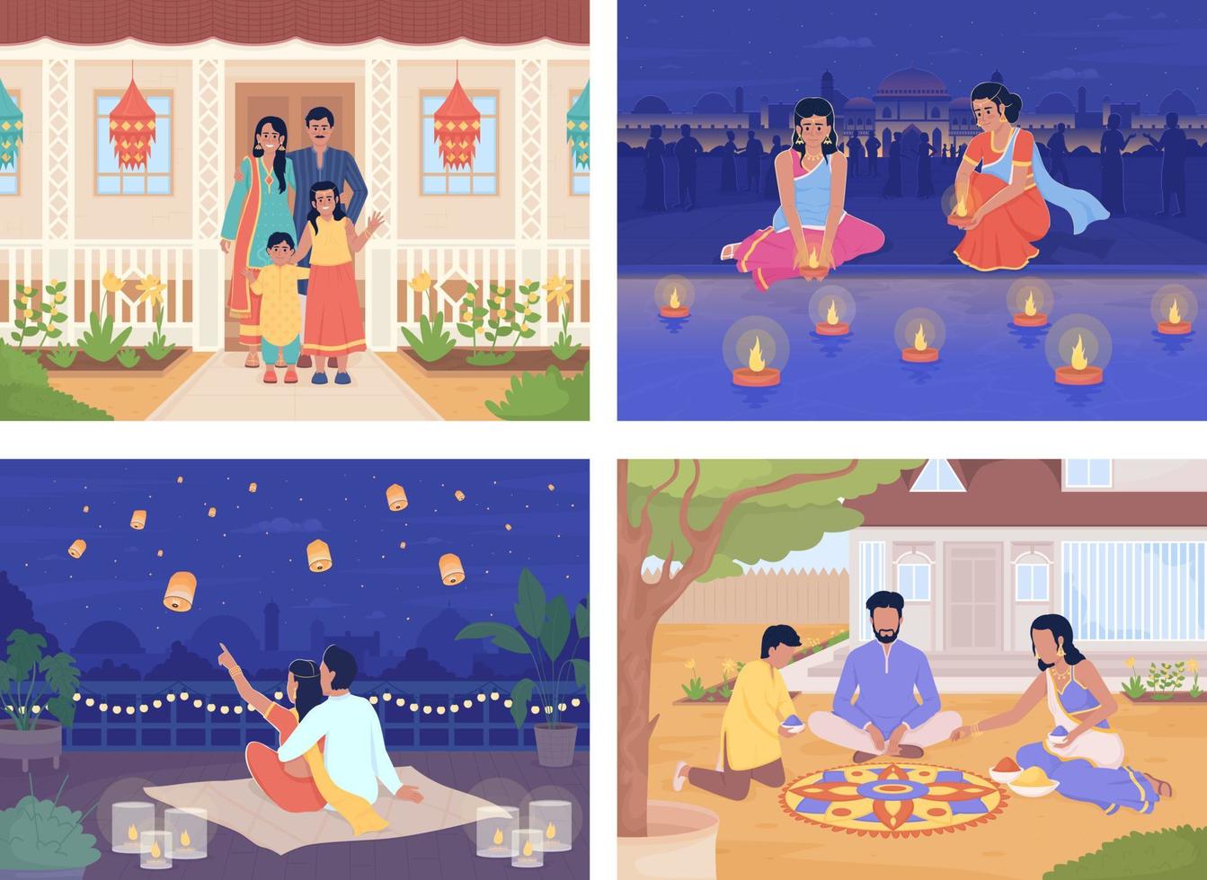 Celebrating Diwali with family flat color vector illustrations set. Honoring indian festival of lights. Fully editable 2D simple cartoon characters collection with India cityscapes on background