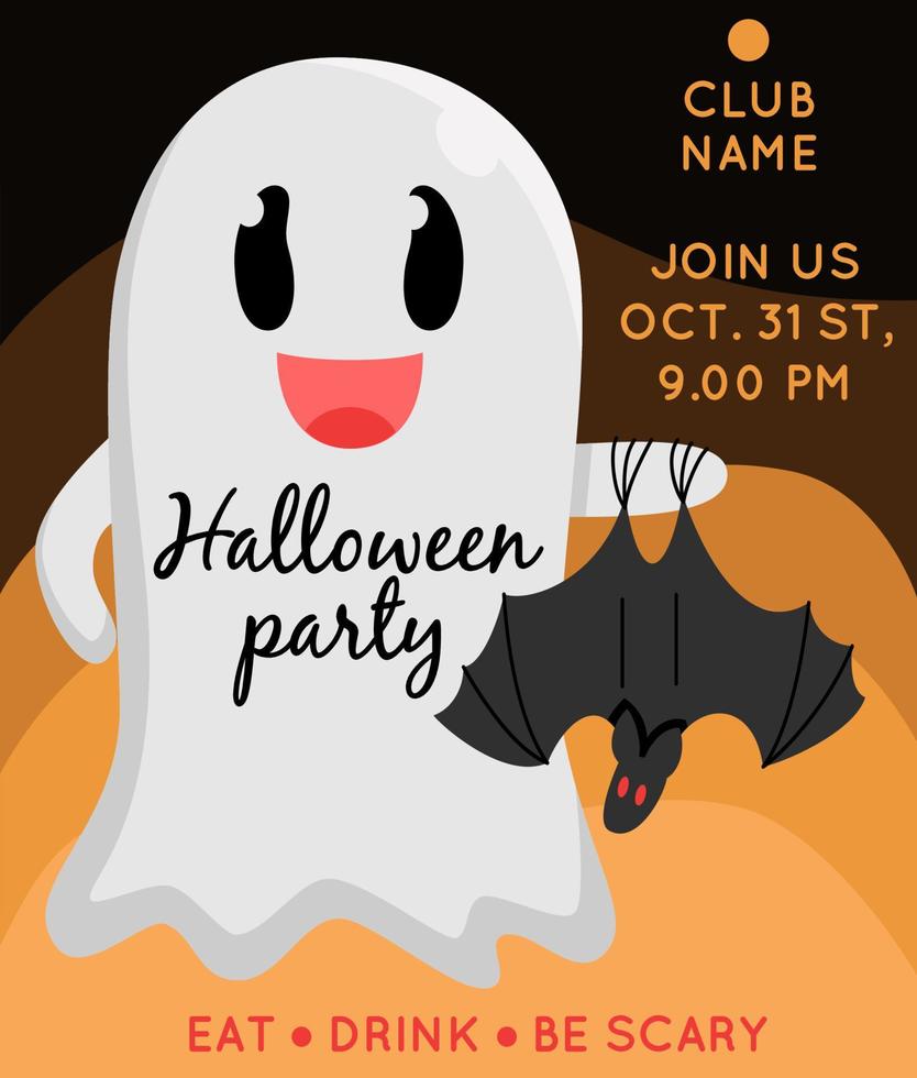 Typography Halloween party invitations with traditional symbols. Cute ghost spirit holding bat. Template poster or greeting card. Place for your text message. Vector illustration