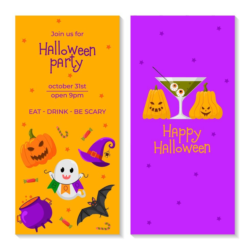 invitaciones de fiesta de halloween con símbolos tradicionales. ilustración vectorial con calabaza, fantasma, murciélago, caramelo, caldero de bruja y sombrero. cartel o volante de dos caras de halloween. lugar para su mensaje de texto vector