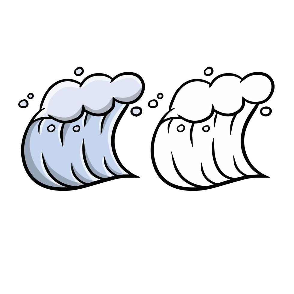 ola. Agua de mar. flujo y salpicadura de logotipo azul. ilustración de dibujos animados y croquis aislado en blanco. tormenta y la naturaleza del océano vector