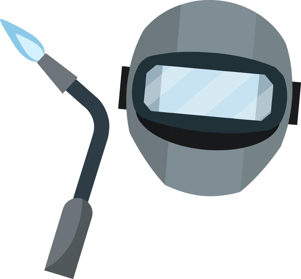 Welding machine and mask. Clothing and safety equipment. Protection and helmet of worker. Engineer and welder. Technology and industry. Cartoon flat illustration vector