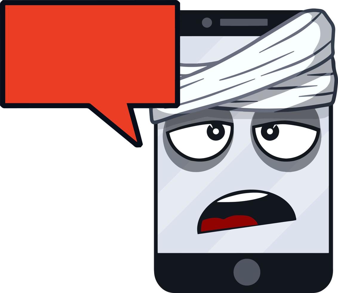 Mobile phone with sad face on screen. Broken smartphone. problem with technique. Cartoon flat illustration. Shocked and surprised, eyes and mouth. Emotions on the monitor. vector