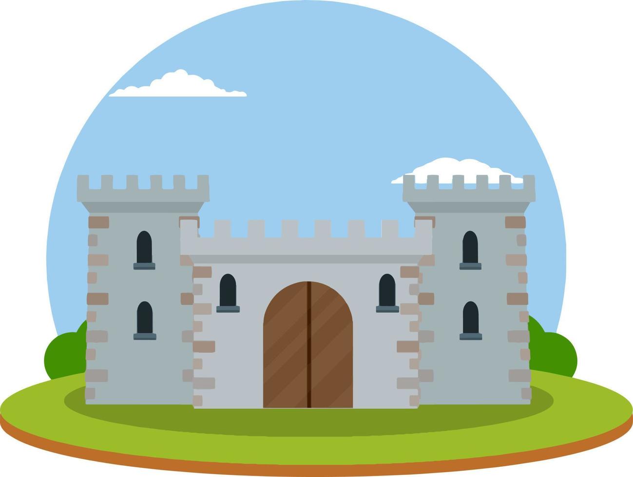 Castillo medieval. antigua fortaleza. arquitectura europea y centro de la ciudad. edificio militar de caballero y rey. defensa y fiabilidad. torre, muralla y puerta. ilustración plana de dibujos animados. paisaje verde vector