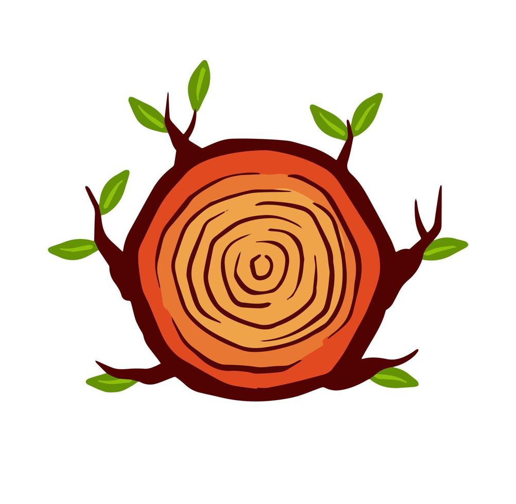 Cut tree trunk. Stump cross section. Concentric circular pattern on brown wood. Logger and Woodworking Industry Icon. Branch with leaves vector