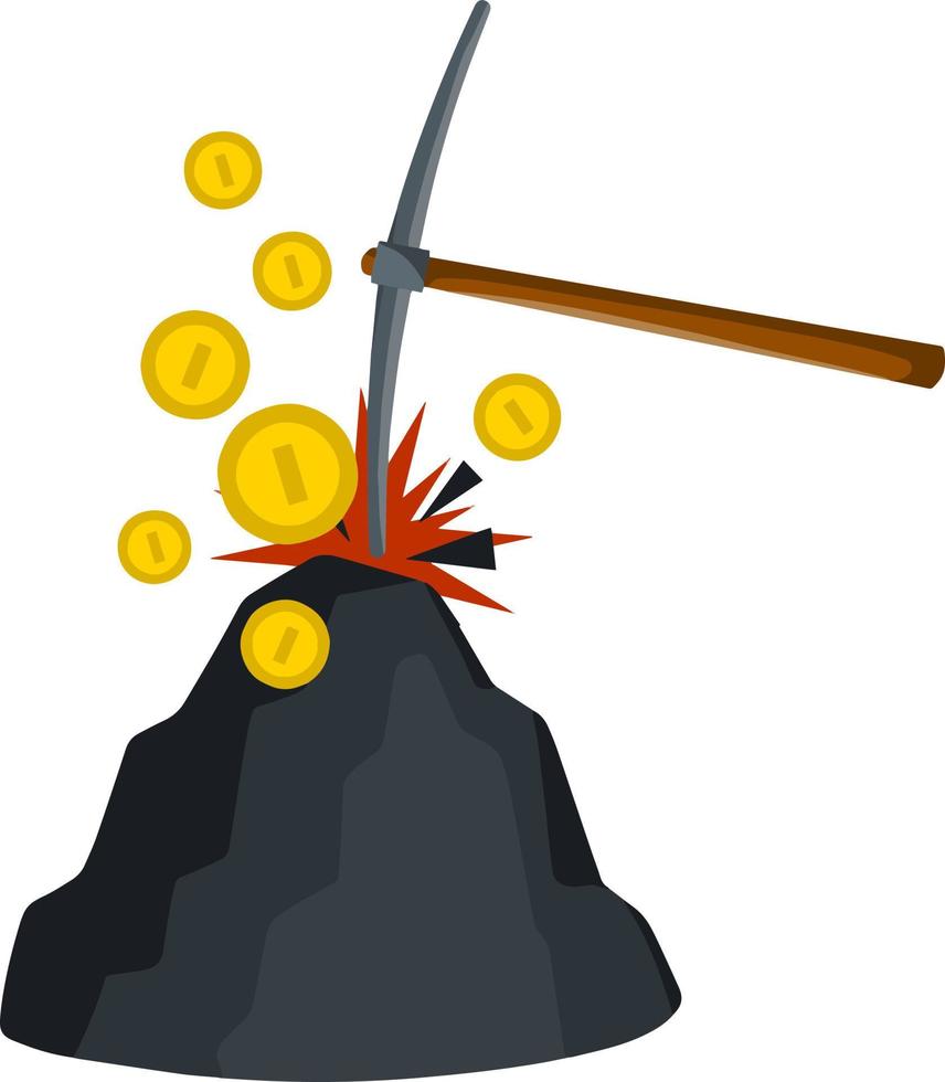 Miner pick and gold coins. Cryptocurrency and earnings on Internet. Cartoon flat illustration. Stone and ore. Income and profit. Extraction of minerals vector