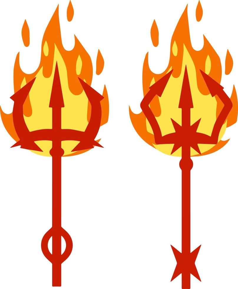 Devil Trident. Hell fork. Cartoon flat illustration. Set of Halloween red evil demon costume item. Weapon Of Satan with fire and flame vector