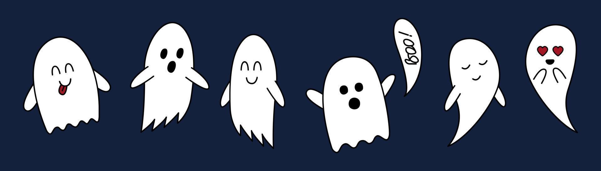 Halloween ghost doodle set. Cartoon cute characters . Hand drawn clipart, outline vector illustration isolated on dark blue background.