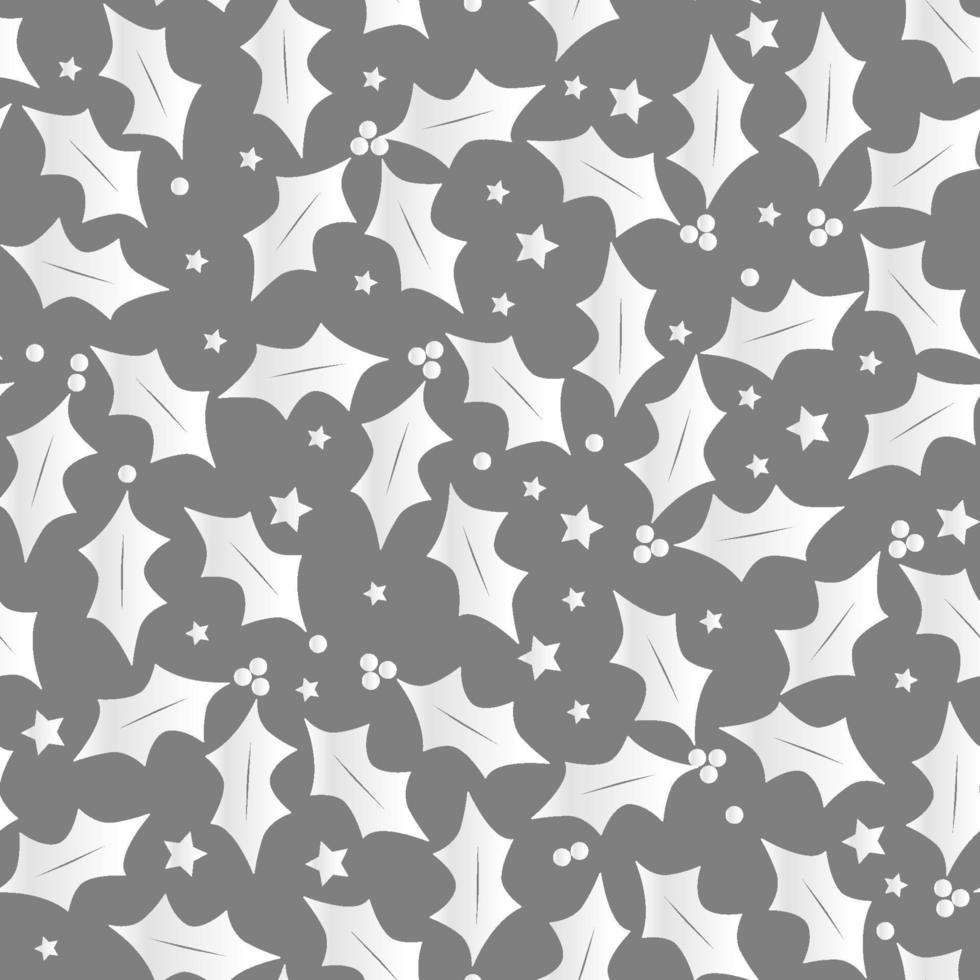 Silver stars, hollies and berries seamless repeat pattern vector