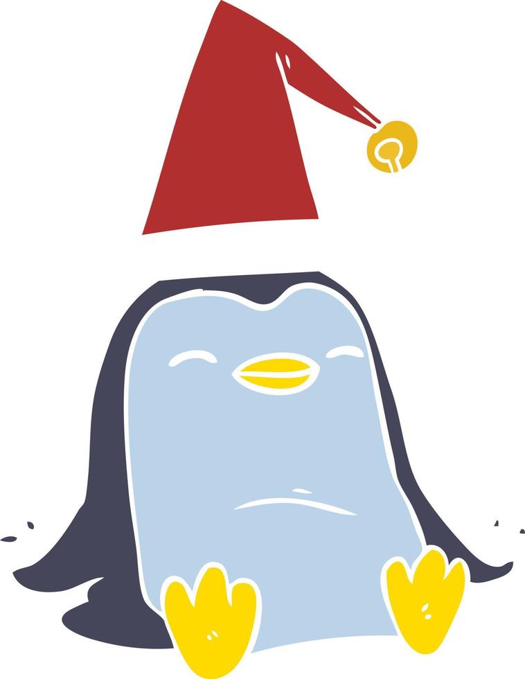 flat color style cartoon penguin wearing christmas hat vector