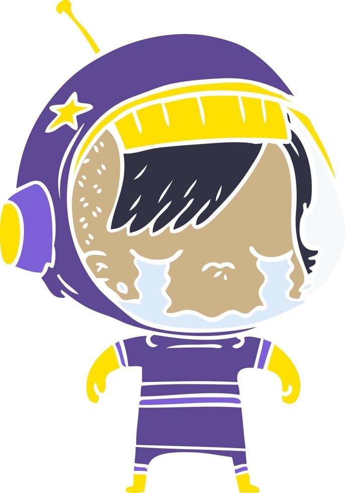 niña astronauta llorando de dibujos animados de estilo de color plano vector