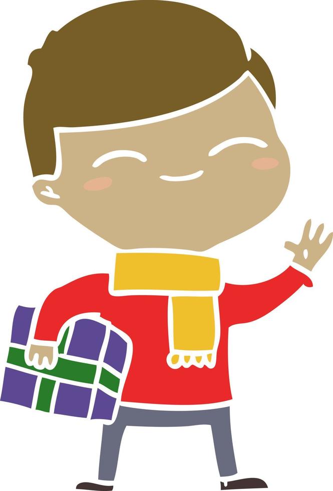 niño sonriente de dibujos animados de estilo de color plano con regalo vector