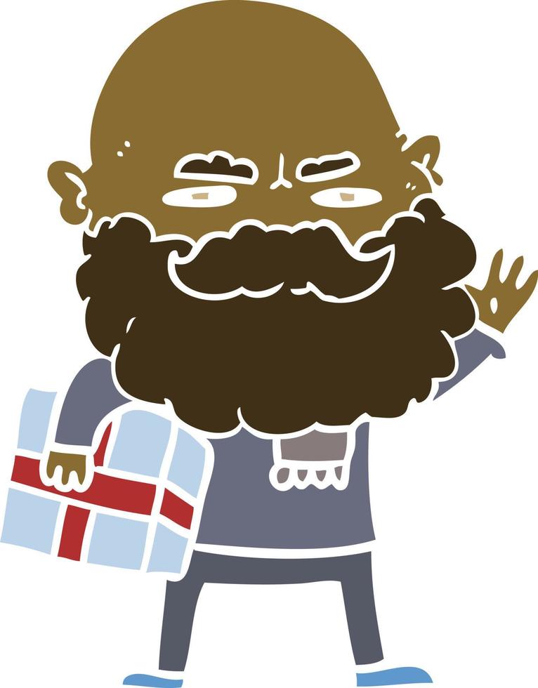 hombre de dibujos animados de estilo de color plano con barba frunciendo el ceño con regalo de navidad vector