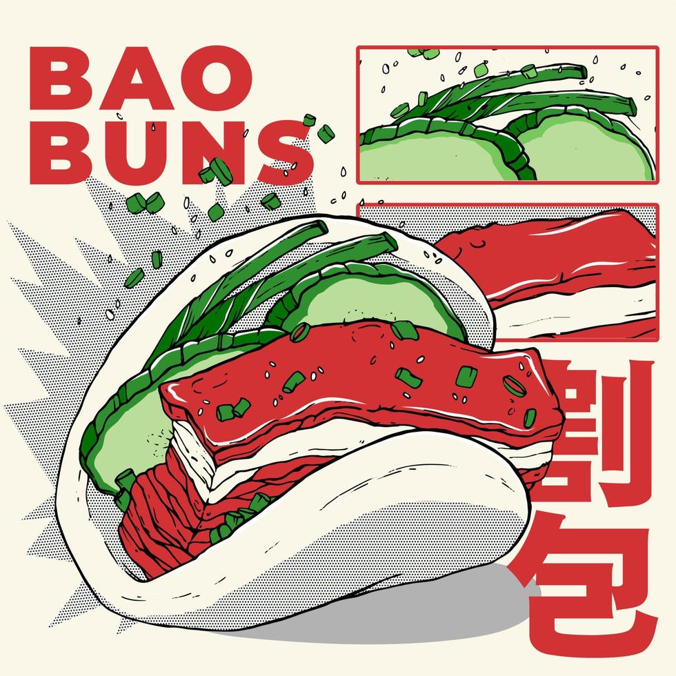 ilustración vectorial. merienda taiwanesa gua bao. un trozo de carne guisada con pepino y cebolla verde en bollos al vapor. fondo de pantalla de cocina asiática para menú, cafetería, restaurante. traducción de texto-baozi vector