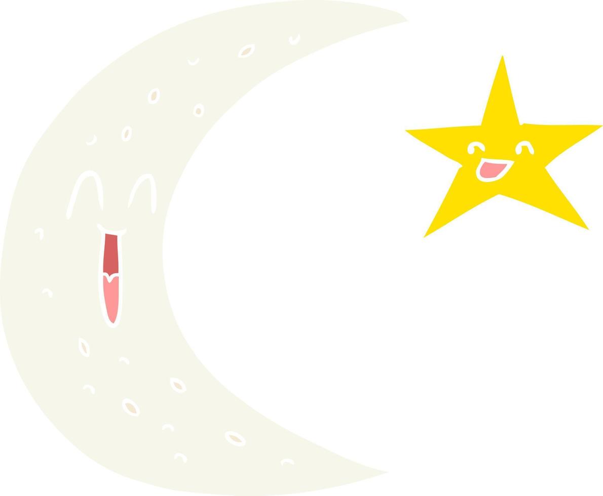 luna y estrella de dibujos animados de estilo de color plano feliz vector