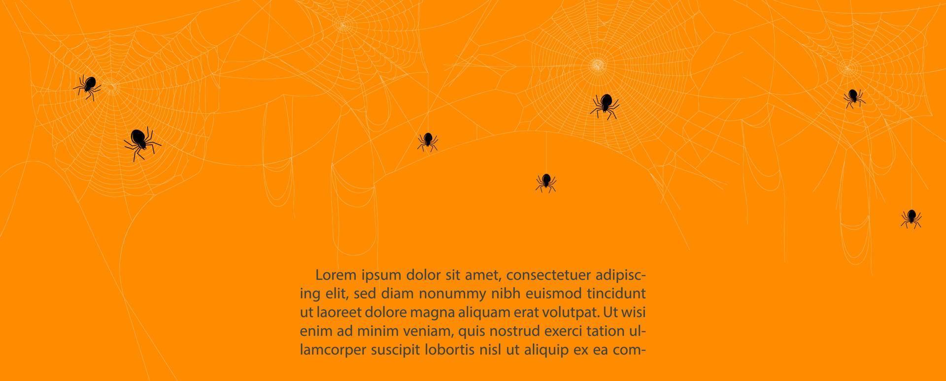Black spider with spider web and example texts on orange background. vector