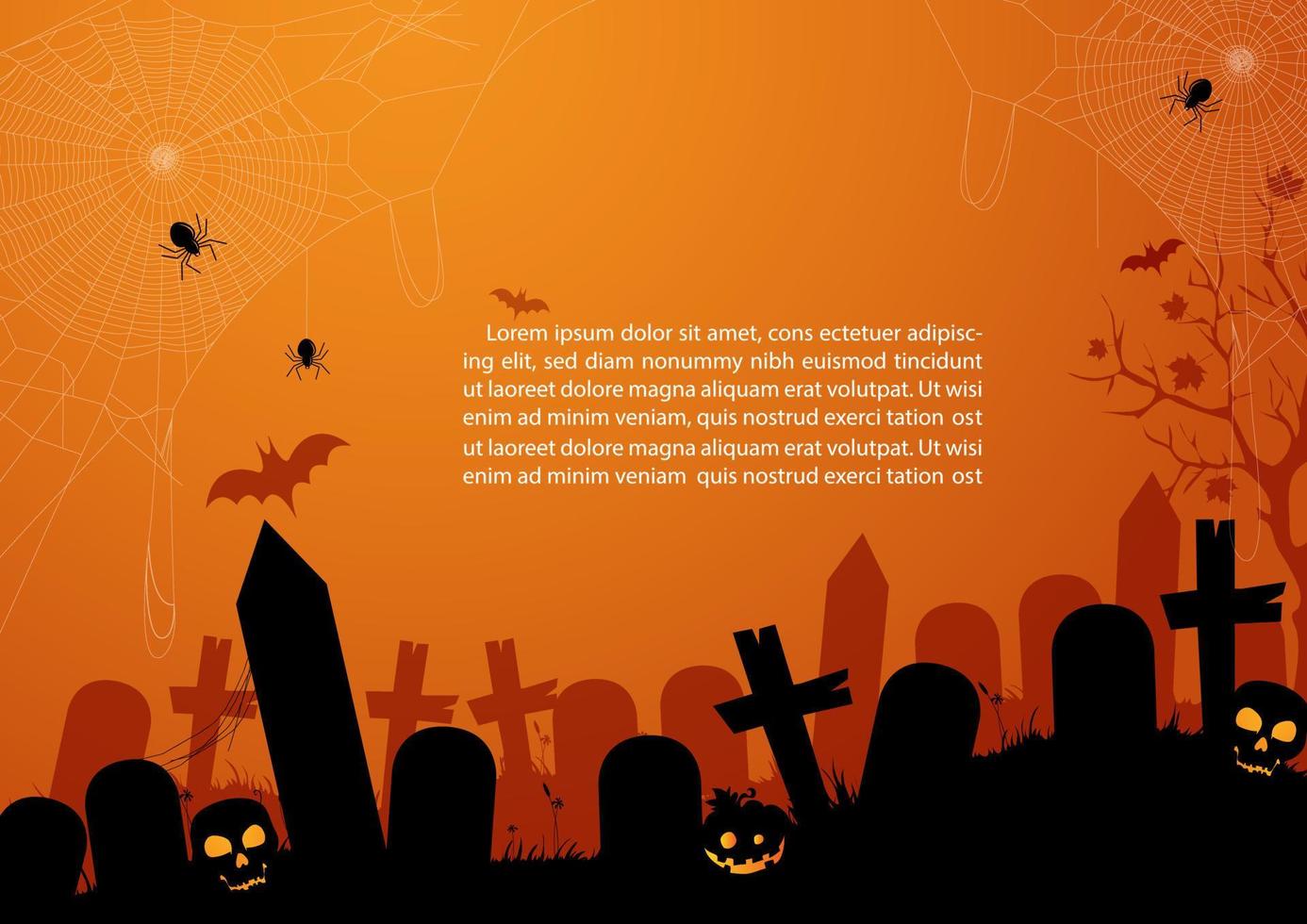 silueta del cementerio de la atmósfera en el día de miedo de halloween con fondo de tono de color naranja con textos de ejemplo. tarjeta y afiche del día de halloween en estilo plano y diseño vectorial. vector