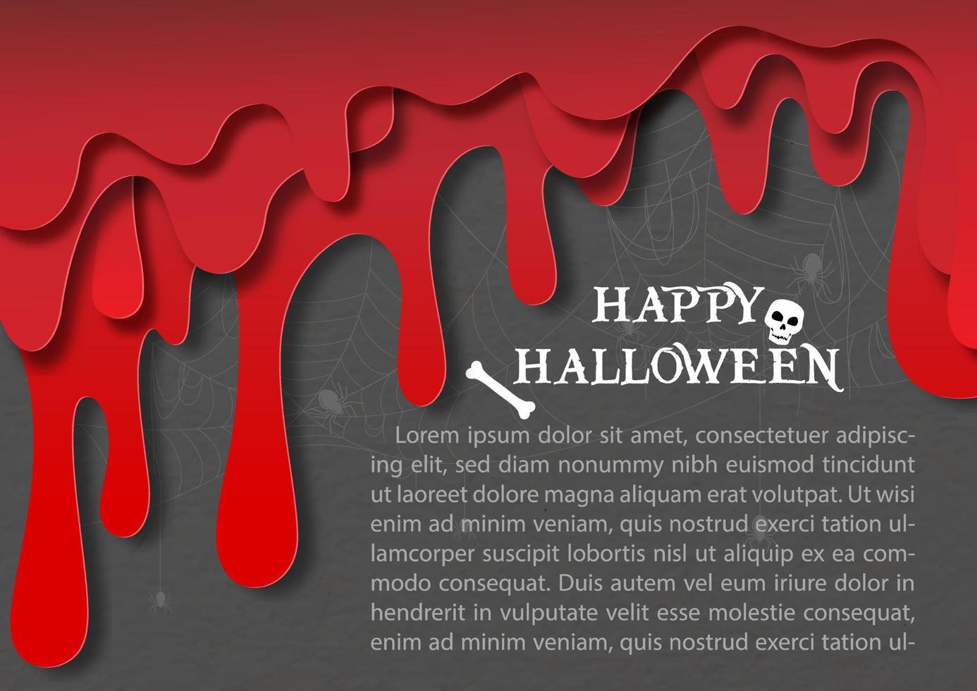 Closeup and crop red blood drop down in layer and paper cut style on Happy Halloween letters, example texts, spider web and dark gray background. vector