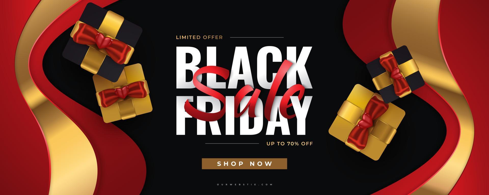 Black Friday Sale Banner with Realistic Black and Gold Gift Boxes on Wrap Paper Background. Advertising and Promotion Banner Template Design for Black Friday Campaign vector