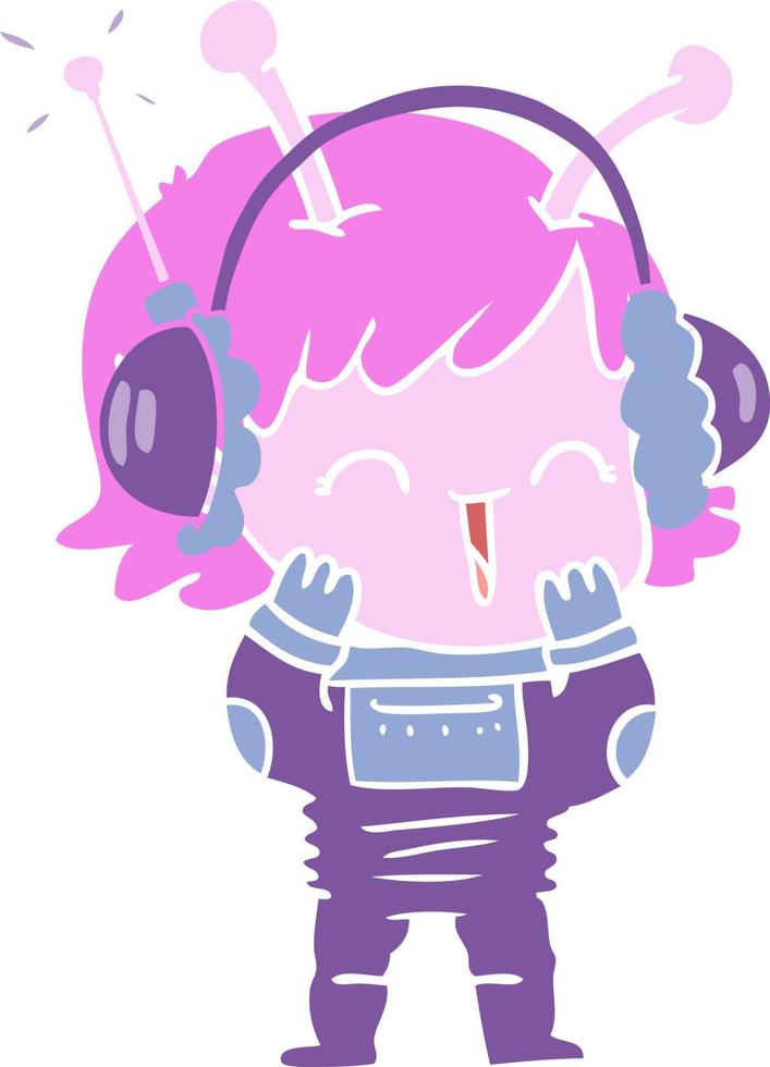 flat color style cartoon alien girl listening to music vector