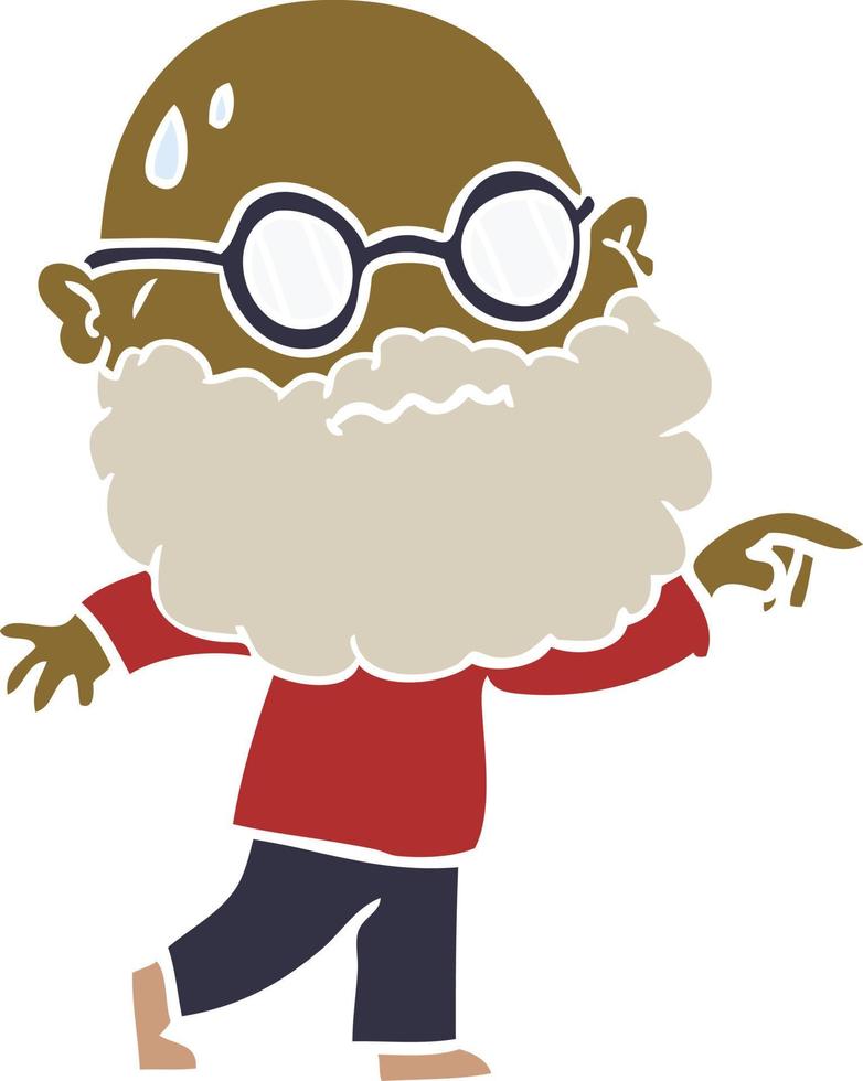 flat color style cartoon worried man with beard and spectacles pointing finger vector