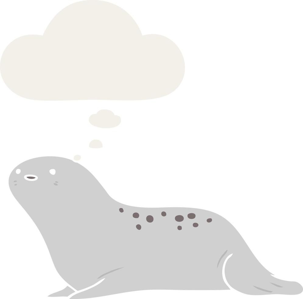 cartoon seal and thought bubble in retro style vector