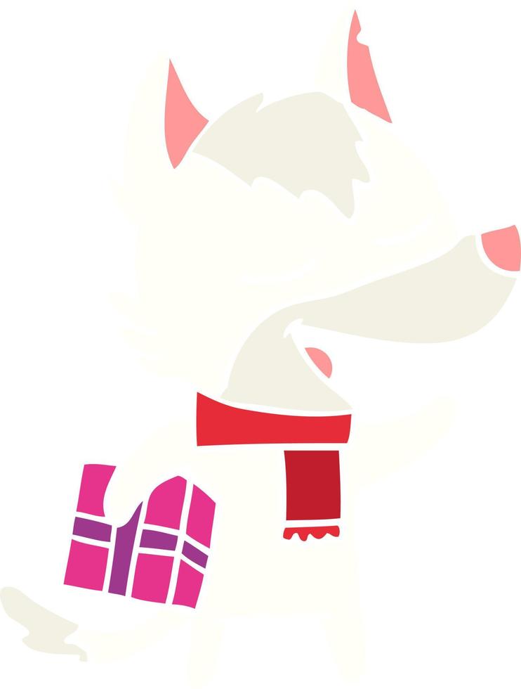 flat color style cartoon wolf with christmas present laughing vector