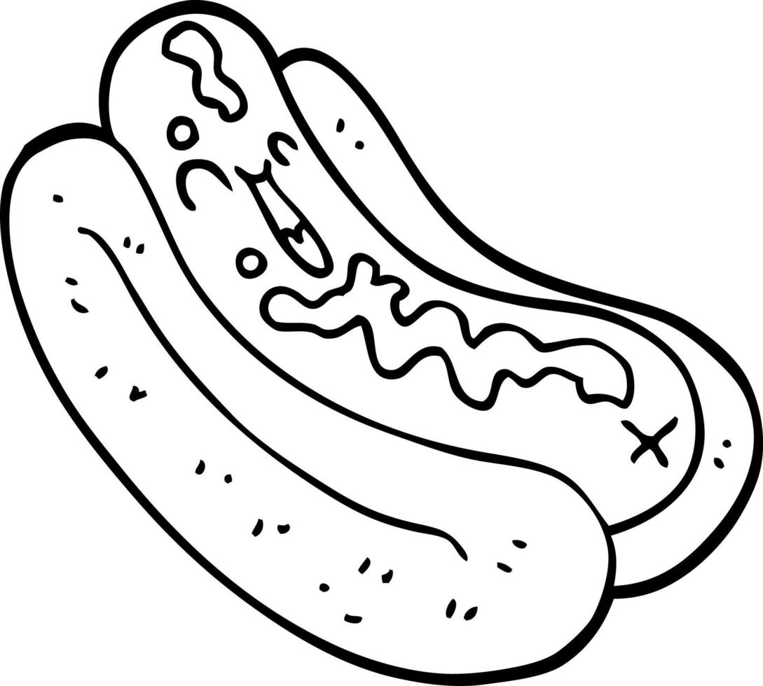 line drawing cartoon hotdog in bun with ketchup vector