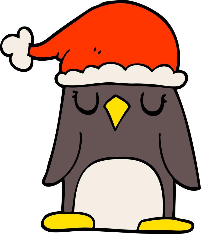 cartoon doodle penguin wearing christmas hat vector