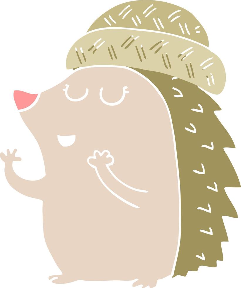 flat color style cartoon hedgehog wearing hat vector