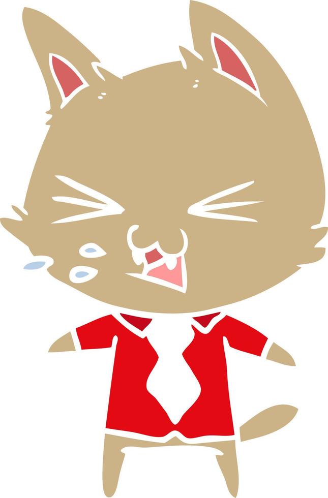 flat color style cartoon cat wearing shirt hissing vector