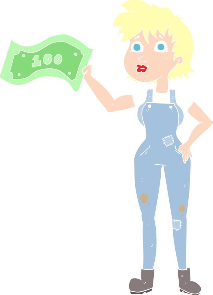 ilustración de color plano de una mujer granjera confiada de dibujos animados con dinero vector