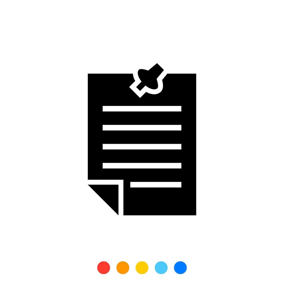 Simple Glyph Document icon with Push pin, Vector and Illustration.