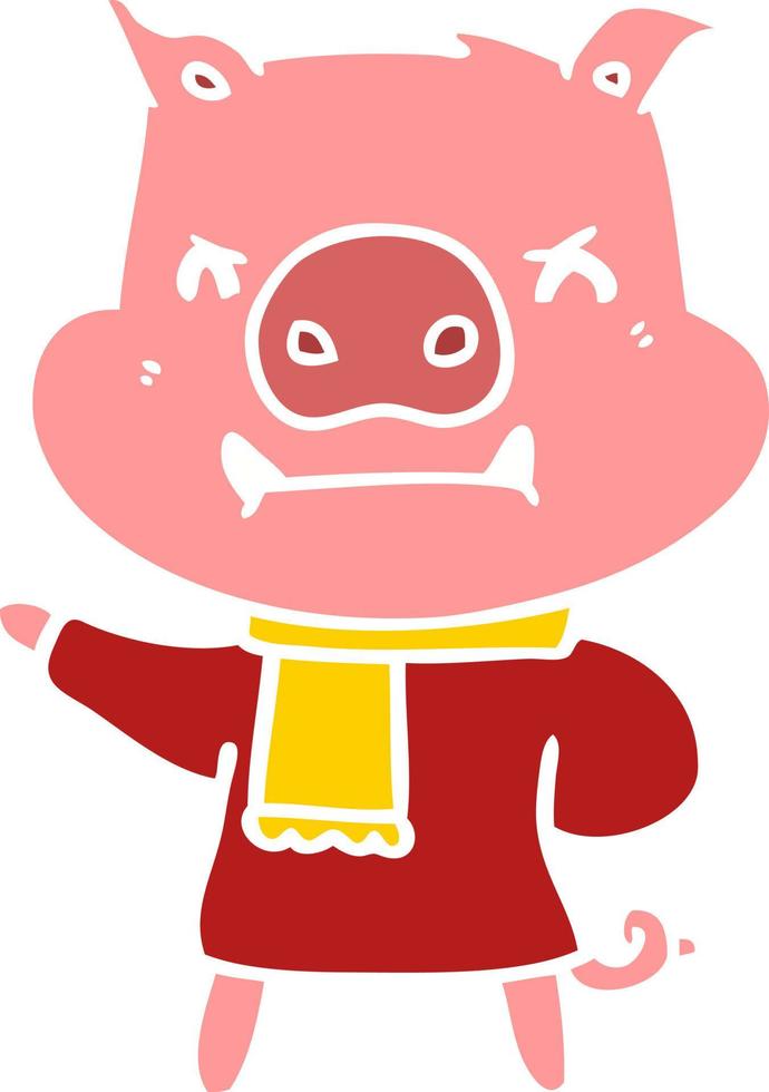 angry flat color style cartoon pig in winter clothes vector