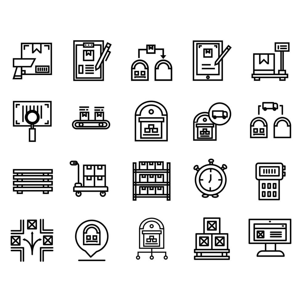 gestión de almacenes, inventario, conjunto de iconos de estilo de línea. iconos editables vector