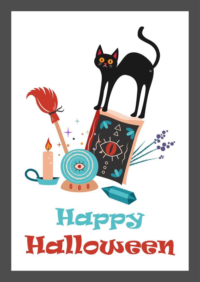 Happy Halloween postcard with a black cat and witch's belongings vector