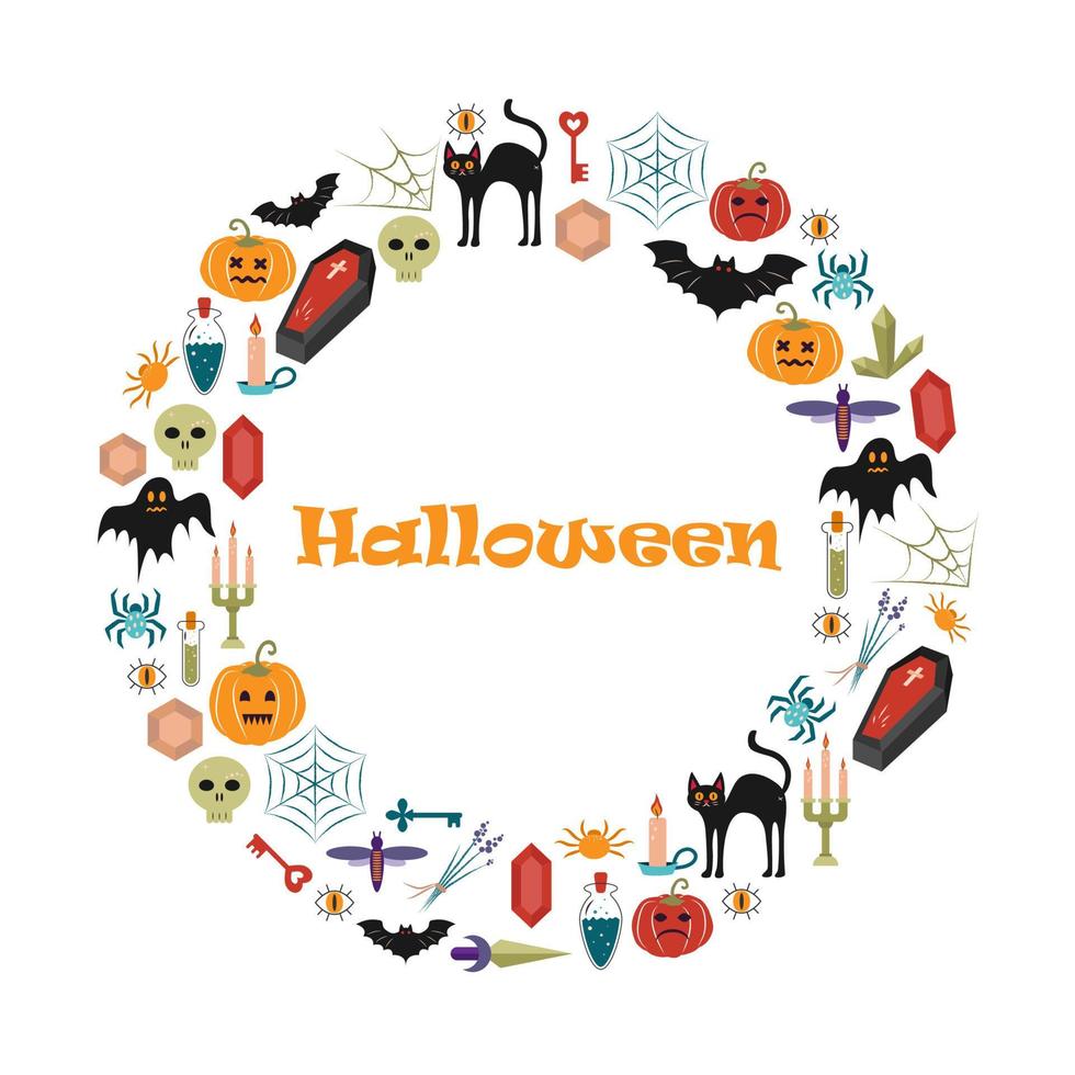 Round frame of Halloween elements. vector illustration