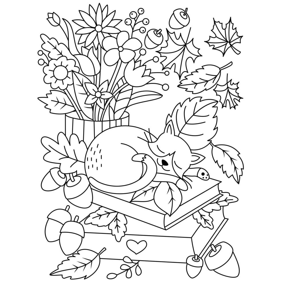 perezoso durmiendo en el libro detrás de un jarrón de flores hoja de arce bellota otoño otoño vector páginas para colorear esquema