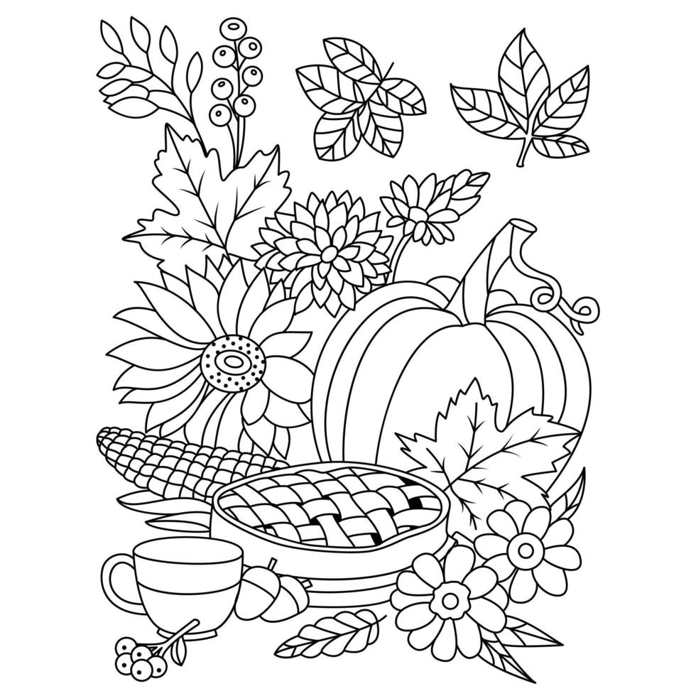 Autumn harvest vegetable pumpkin corn acorn flowers Autumn Fall season coloring illustration pages vector