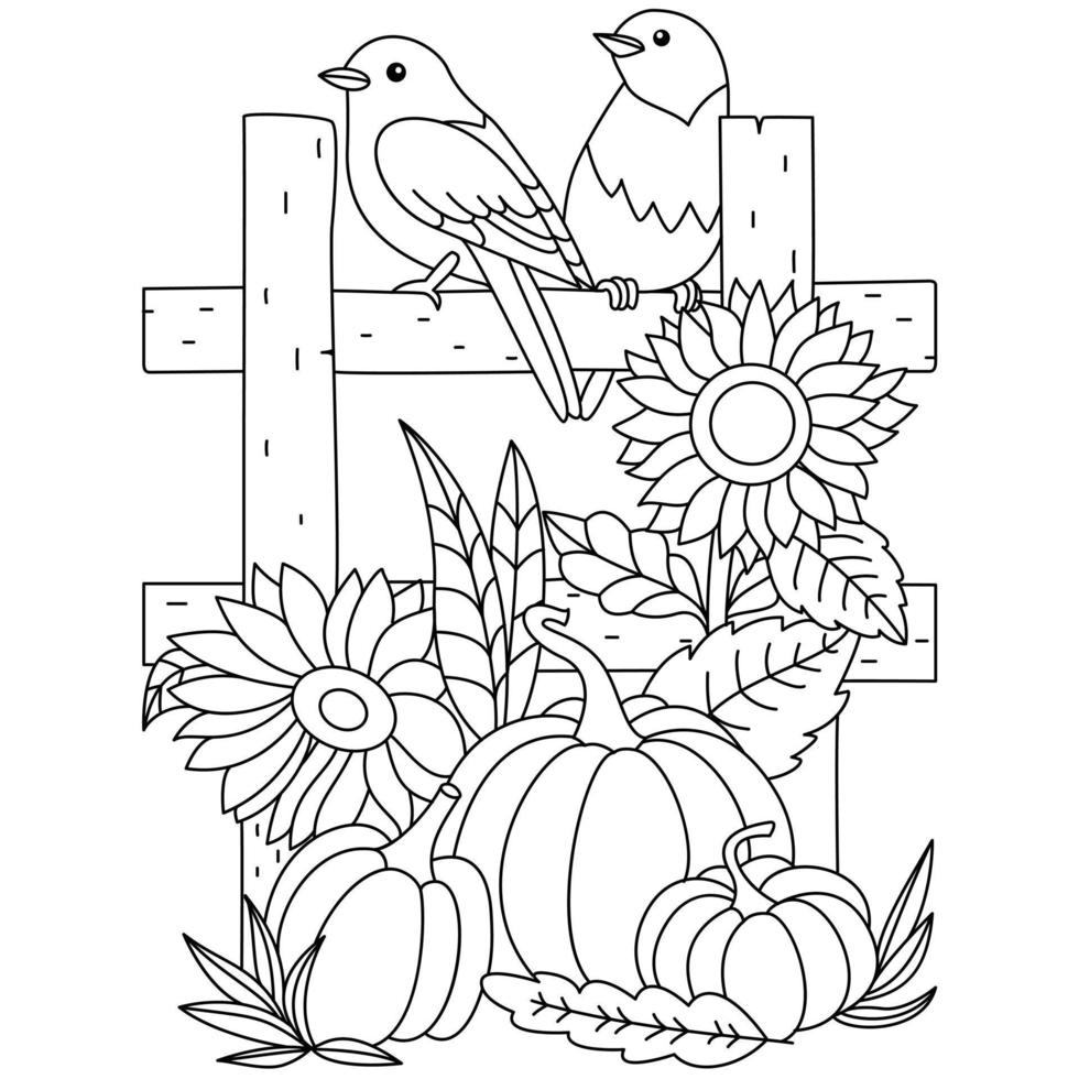 Two birds sitting on the fence sunflower pumpkin Autumn Fall season thanksgiving coloring page art vector