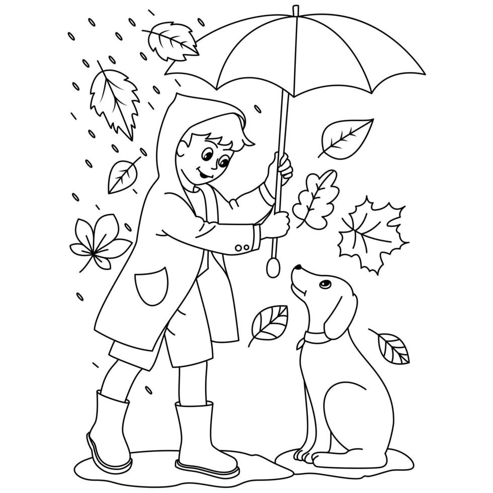 Dog and Girl on a rainy day Autumn leaves maple leaf Fall season coloring illustration pages vector