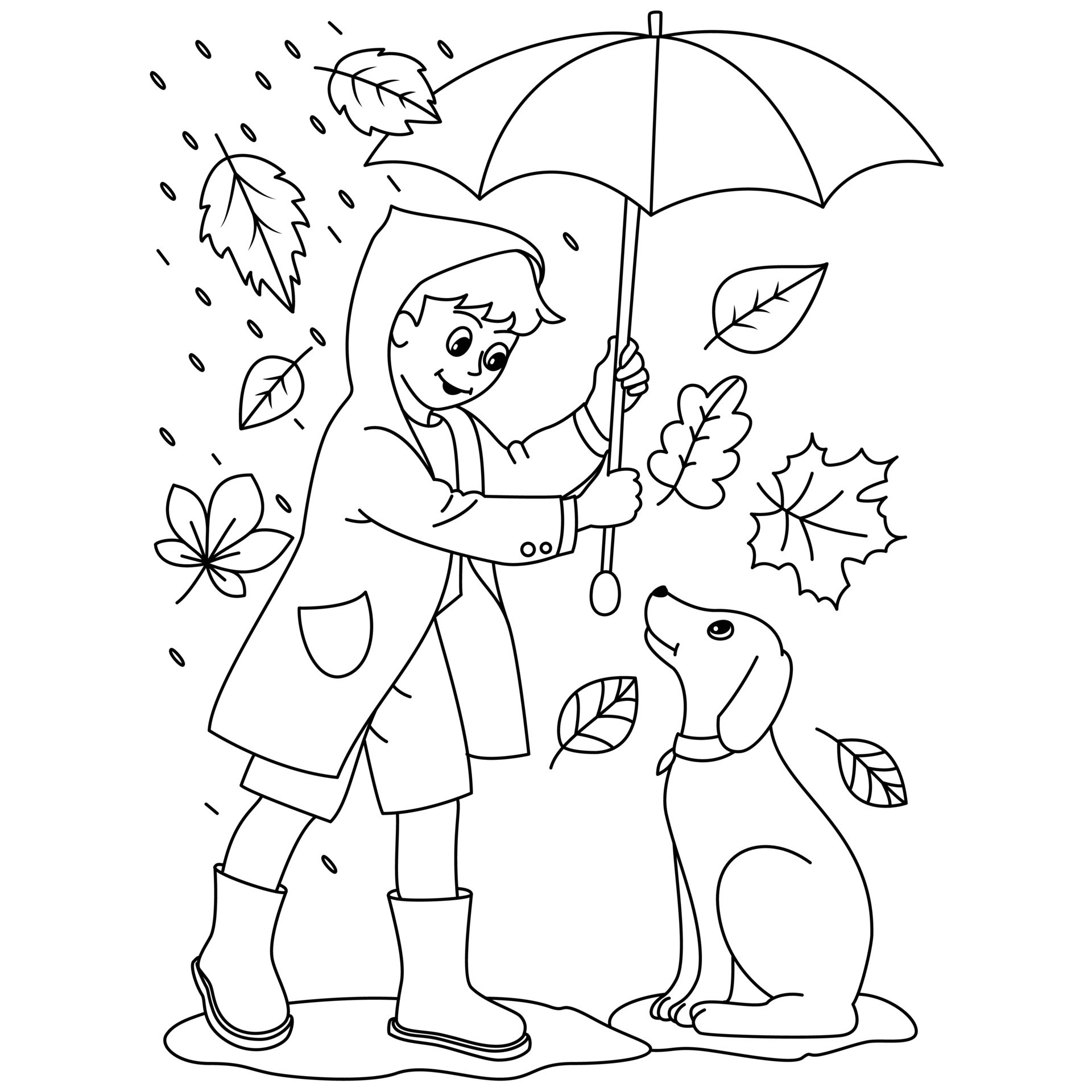 Dog and Girl on a rainy day Autumn leaves maple leaf Fall season