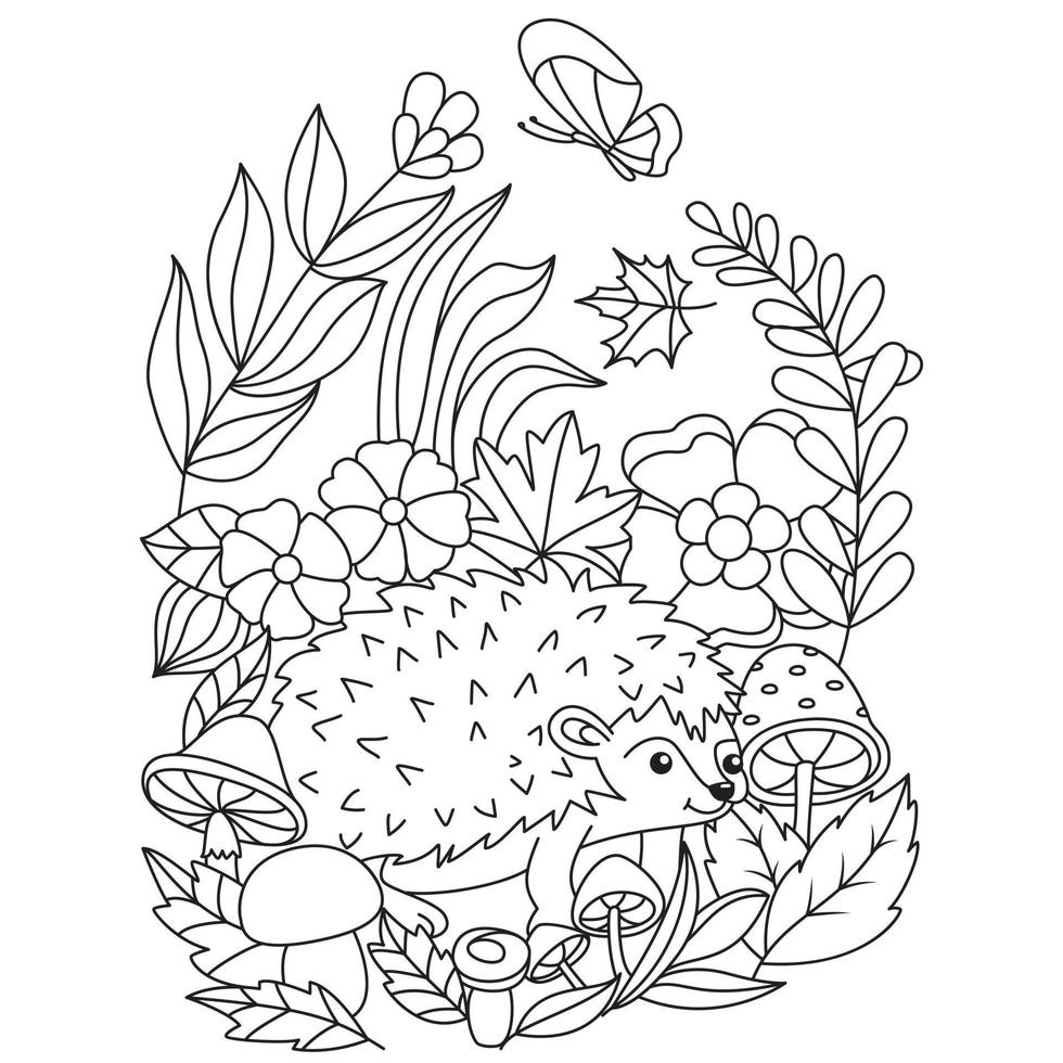 Hedgehog in the leaves flowers mushroom butterfly Autumn Fall season coloring illustration pages vector