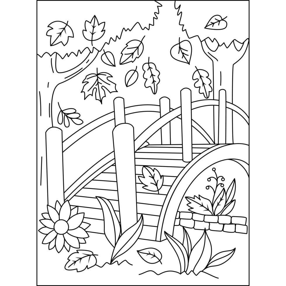 Garden with wooden bridge autumn leaves flowers to fall season coloring illustration pages vector
