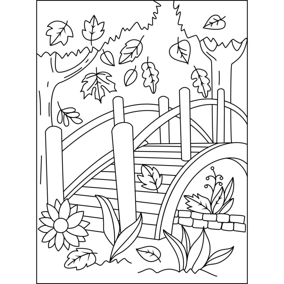 Garden with wooden bridge autumn leaves flowers to fall season coloring illustration pages vector