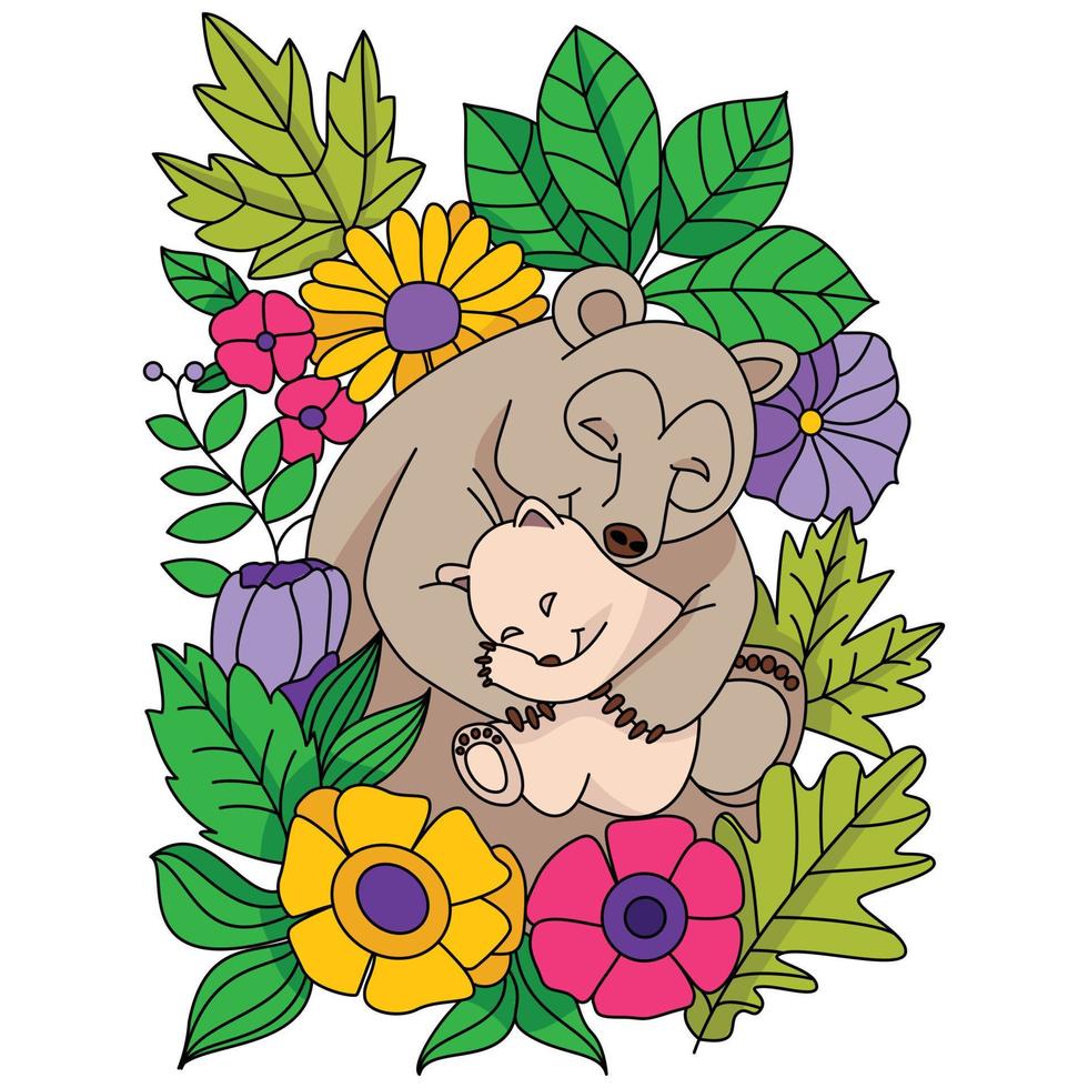 Baby bear and mom baby bear sleeping on her mother's hand flowers Autumn vector