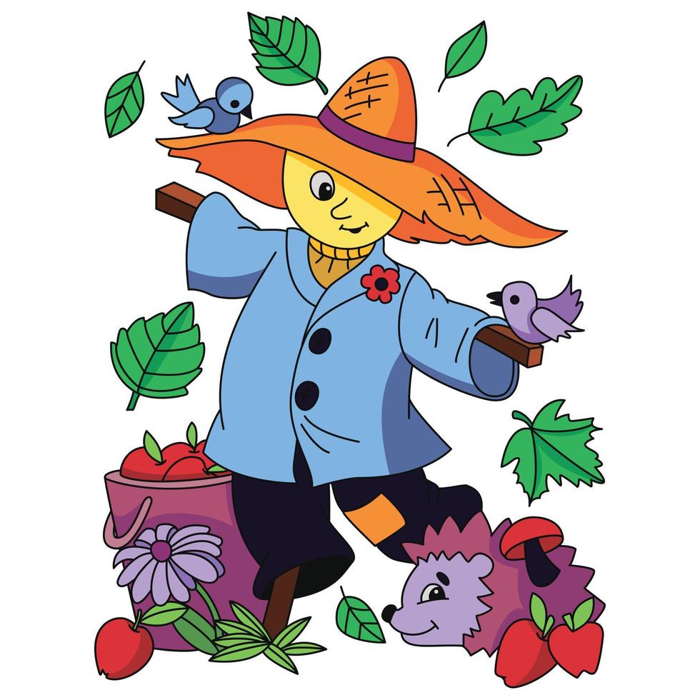 Cute straw scarecrow with hat hedgehog bird apple basket autumn fall season coloring illustration vector