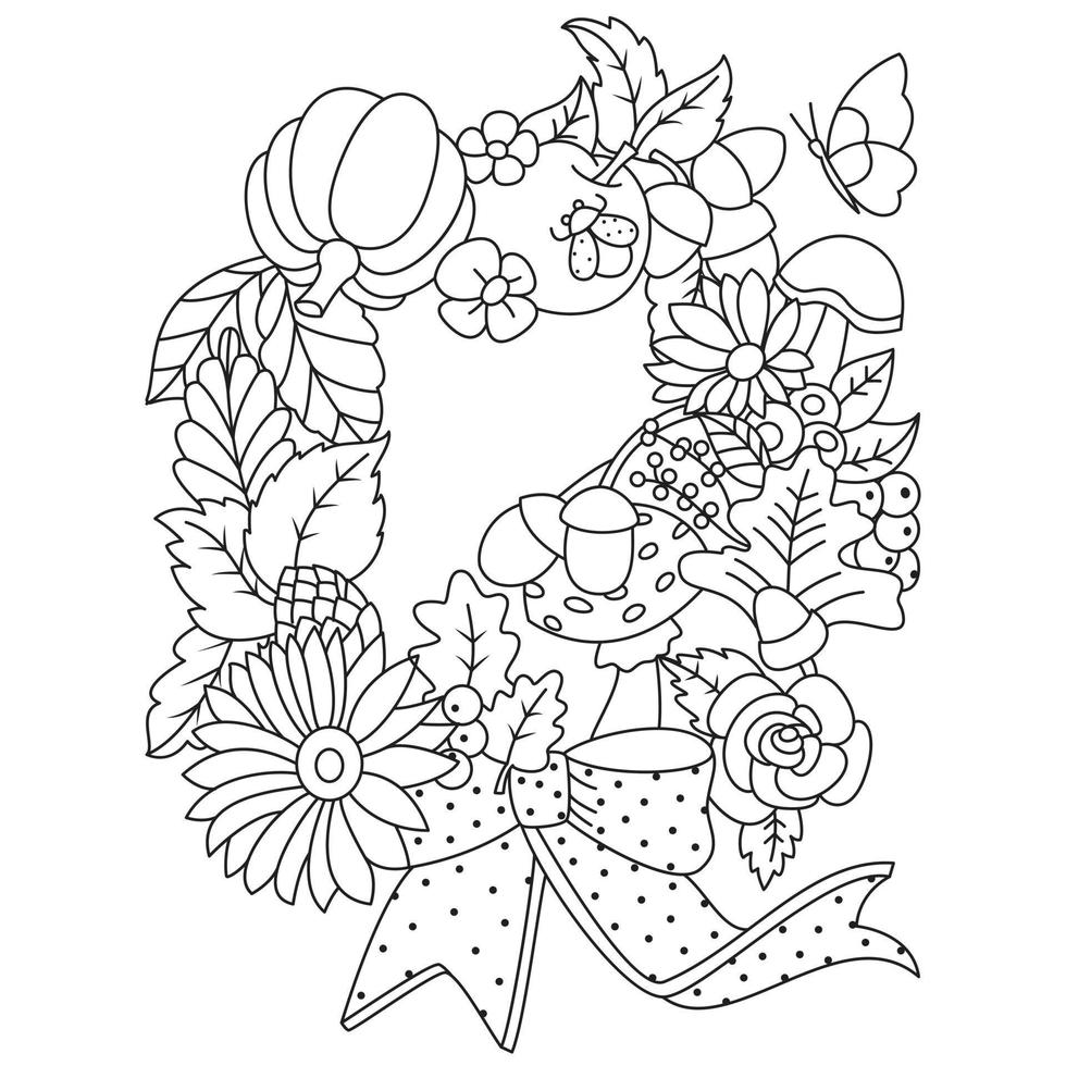 Wreath made of autumn flowers fruits mushrooms berries pumpkin butterflies thanksgiving coloring art outline vector